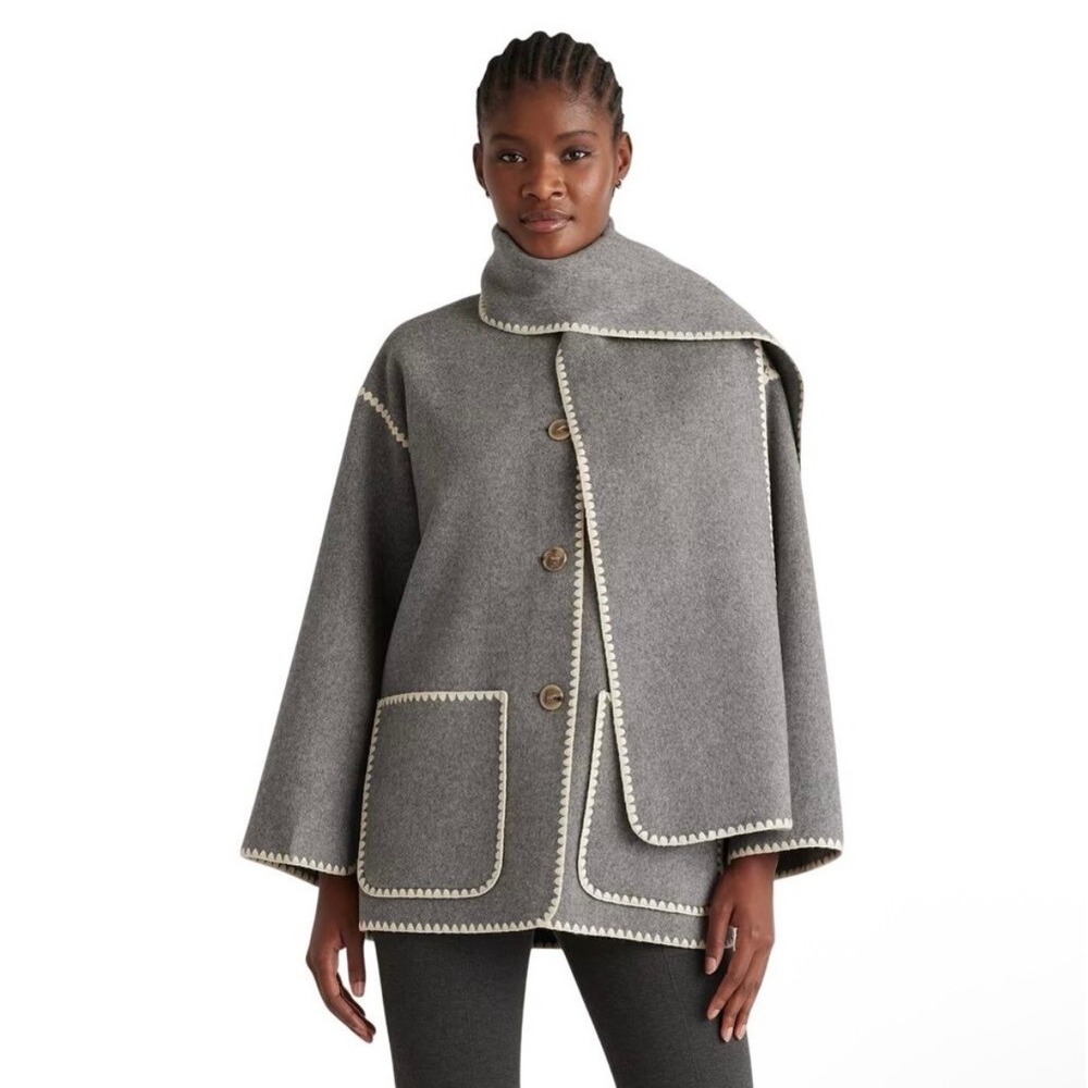 Quince Double Faced Merino Wool Scarf Coat Blanket Stitch Heather Gray Medium